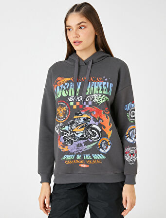 Kapüşonlu Sweatshirt Slogan Baskılı Uzun Kollu İçi Polarlı