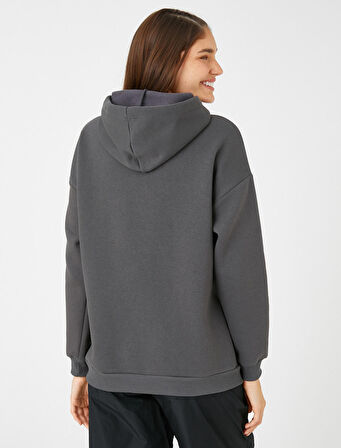 Kapüşonlu Sweatshirt Slogan Baskılı Uzun Kollu İçi Polarlı