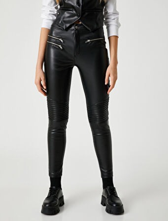 Deri Görünümlü Tayt Fermuar Detaylı Nervürlü