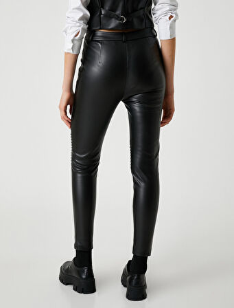 Deri Görünümlü Tayt Fermuar Detaylı Nervürlü