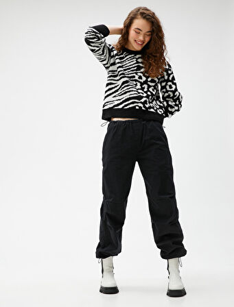 Örgü Süveter V Yaka Kazayağı Desenli Ribanalı