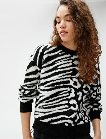 Örgü Süveter V Yaka Kazayağı Desenli Ribanalı