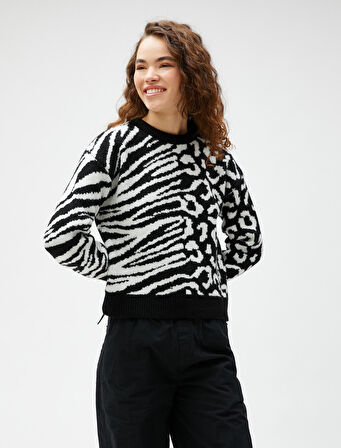 Örgü Süveter V Yaka Kazayağı Desenli Ribanalı