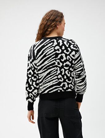 Örgü Süveter V Yaka Kazayağı Desenli Ribanalı