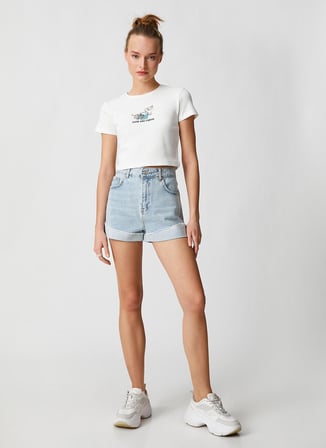 Koton Bisiklet Yaka Baskılı Ekru Kadın T-Shirt 3SAL10188IK
