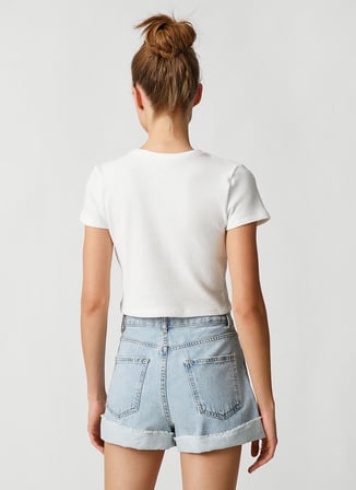 Koton Bisiklet Yaka Baskılı Ekru Kadın T-Shirt 3SAL10188IK