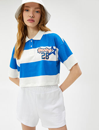 Crop Tişört Polo Yaka Kolej Baskılı Kısa Kollu Pamuklu