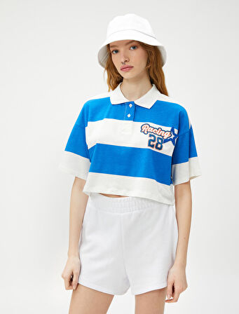 Crop Tişört Polo Yaka Kolej Baskılı Kısa Kollu Pamuklu