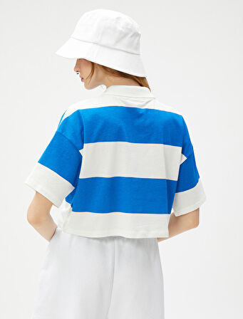 Crop Tişört Polo Yaka Kolej Baskılı Kısa Kollu Pamuklu