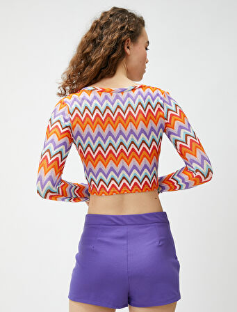 Crop Tişört Uzun Kollu V Yaka Örme