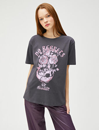 Baskılı Oversize Tişört Bisiklet Yaka Kısa Kollu Pamuklu