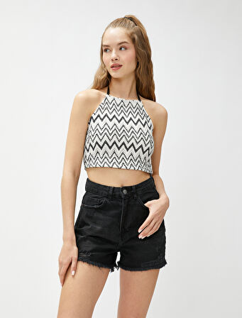 Crop Atlet Halter Yaka Örgü Desenli