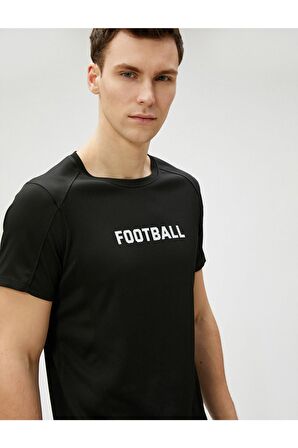 Spor Tişört Dikiş Detaylı Slogan Baskılı Bisiklet Yaka