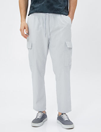 Keten Karışımlı Kargo Pantolon Cepli Beli Bağlamalı