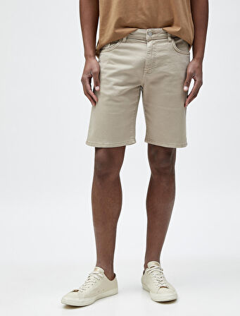 Gabardin Bermuda Şort Cep Detaylı Düğmeli Pamuklu