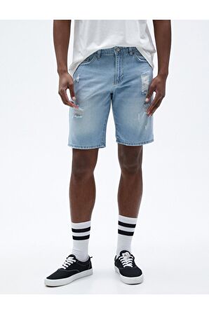 Yırtık Kot Şort Cep Detaylı Düğmeli