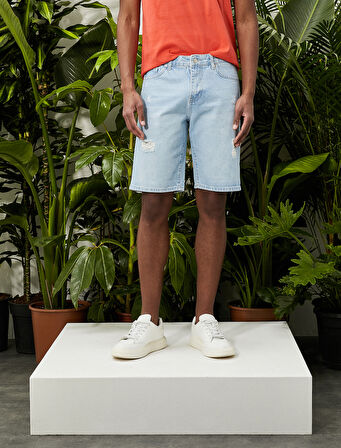 Oversize Yırtık Kot Şort Cep Detaylı Düğmeli Pamuklu