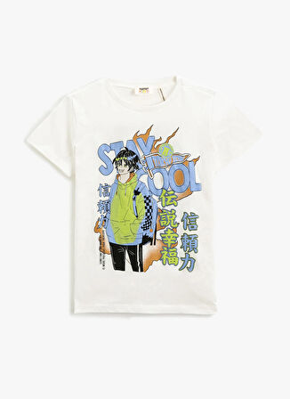 Koton Beyaz Erkek Çocuk Bisiklet Yaka Kısa Kollu Baskılı T-Shirt 3SKB10231TK
