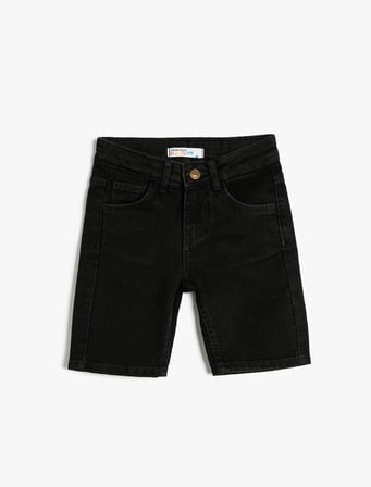 Kot Şort Cepli Pamuklu - Straight Jean Beli Ayarlanabilir Lastikli