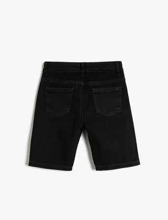 Kot Şort Cepli Pamuklu - Straight Jean Beli Ayarlanabilir Lastikli