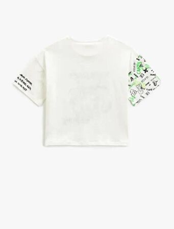 Koton Kız Çocuk Crop Oversize Tişört Baskılı Kısa Kollu Bisiklet Yaka