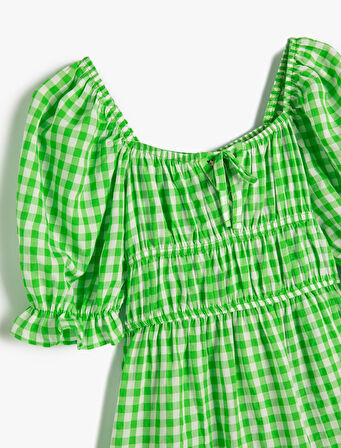 Elbise Midi Balon Kollu Fırfır Detaylı U Yaka Gipe Detaylı Katlı