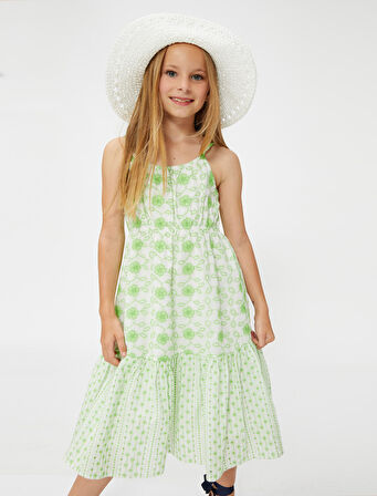 Elbise Çiçekli İnce Askılı Astarlı Fırfırlı Beli Büzgülü