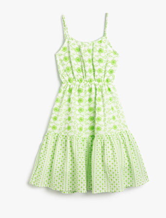 Elbise Çiçekli İnce Askılı Astarlı Fırfırlı Beli Büzgülü