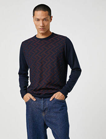 Basic Triko Kazak Geometrik Desenli Dokulu Bisiklet Yaka