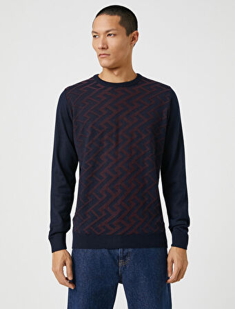 Basic Triko Kazak Geometrik Desenli Dokulu Bisiklet Yaka