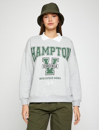 Şardonlu Kolej Sweatshirt Polo Yaka Baskılı Uzun Kollu
