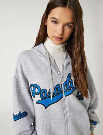 Kolej Sweatshirt Kapüşonlu Oversize Fermuarlı Baskılı Cep Detaylı