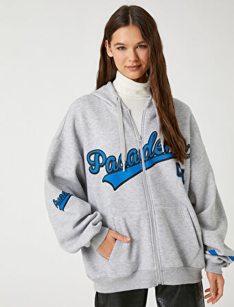 Kolej Sweatshirt Kapüşonlu Oversize Fermuarlı Baskılı Cep Detaylı
