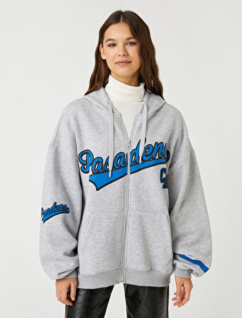 Kolej Sweatshirt Kapüşonlu Oversize Fermuarlı Baskılı Cep Detaylı