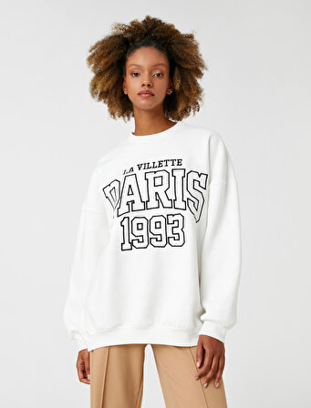 Bisiklet Yaka Sweatshirt Oversize Slogan İşlemeli Uzun Kollu