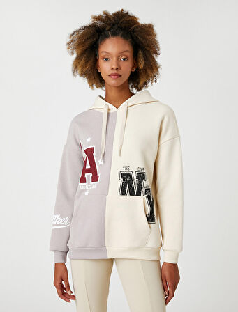 Kapüşonlu Sweatshirt Kolej Baskılı Kanguru Cepli Uzun Kollu İçi Polarlı