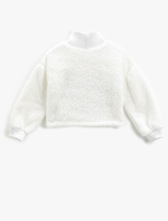 Peluş Sweatshirt Dik Yaka Uzun Kollu Aplike Detaylı