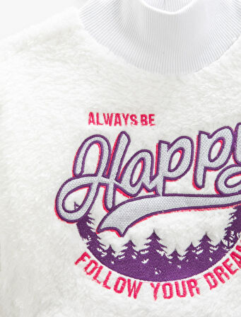 Peluş Sweatshirt Dik Yaka Uzun Kollu Aplike Detaylı