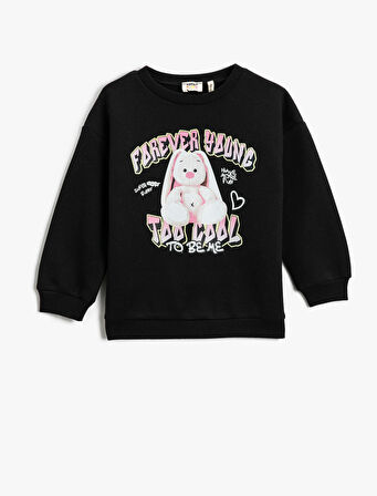 Tavşan Baskılı Sweatshirt Uzun Kollu Bisiklet Yaka Şardonlu