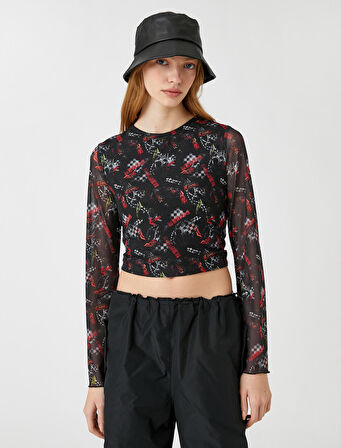 Uzun Kollu Tişört Crop Tül Baskılı Bisiklet Yaka