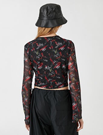 Uzun Kollu Tişört Crop Tül Baskılı Bisiklet Yaka