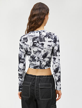 Crop Tişört Uzun Kollu Bisiklet Yaka Desenli