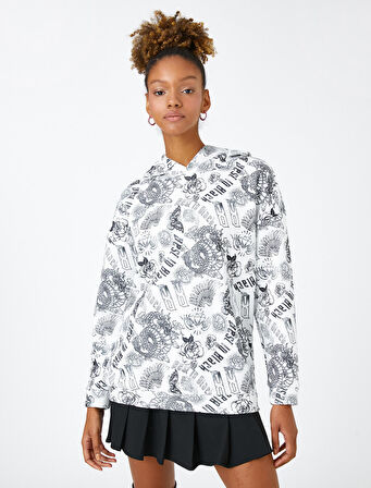 Kapüşonlu Sweatshirt Gotik Baskılı İçi Polarlı