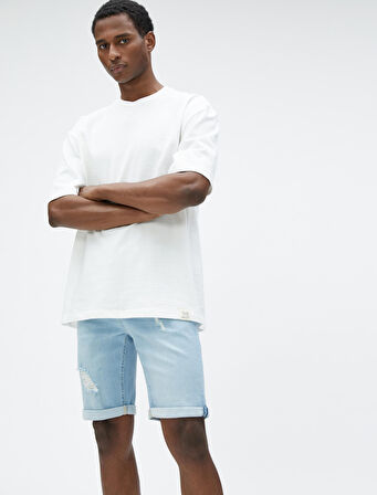 Yırtık Kot Şort Bermuda Katlı Paça Detaylı Düğmeli Pamuklu