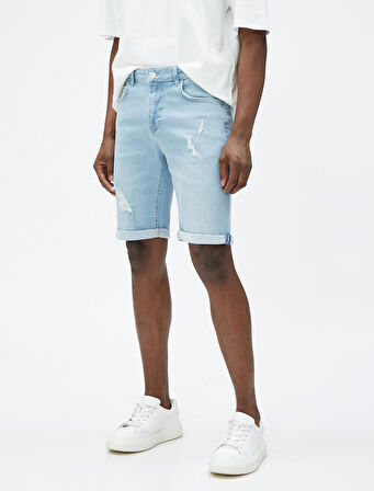 Yırtık Kot Şort Bermuda Katlı Paça Detaylı Düğmeli Pamuklu