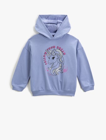 Unicorn Baskılı Kapşonlu Sweatshirt Uzun Kollu Simli