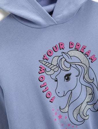 Unicorn Baskılı Kapşonlu Sweatshirt Uzun Kollu Simli