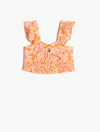 Keten Crop Bluz Kolsuz Çiçekli Gipe Detaylı 