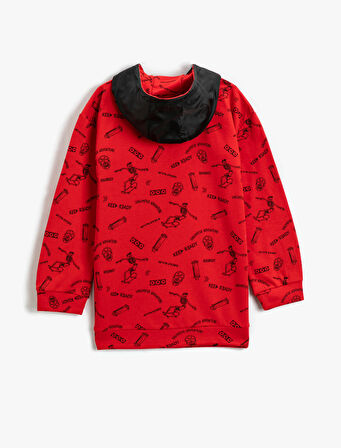 Kapşonlu Sweatshirt Yarım Fermuarlı Cep Detaylı Renk Kontrastlı