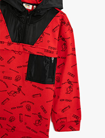 Kapşonlu Sweatshirt Yarım Fermuarlı Cep Detaylı Renk Kontrastlı